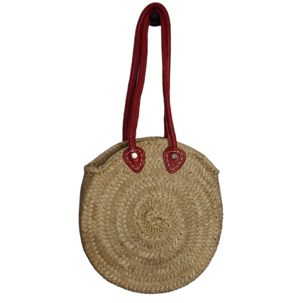 VINTAGE circle woven straw raffia red‎ leather strap farmcore cottagecore purse